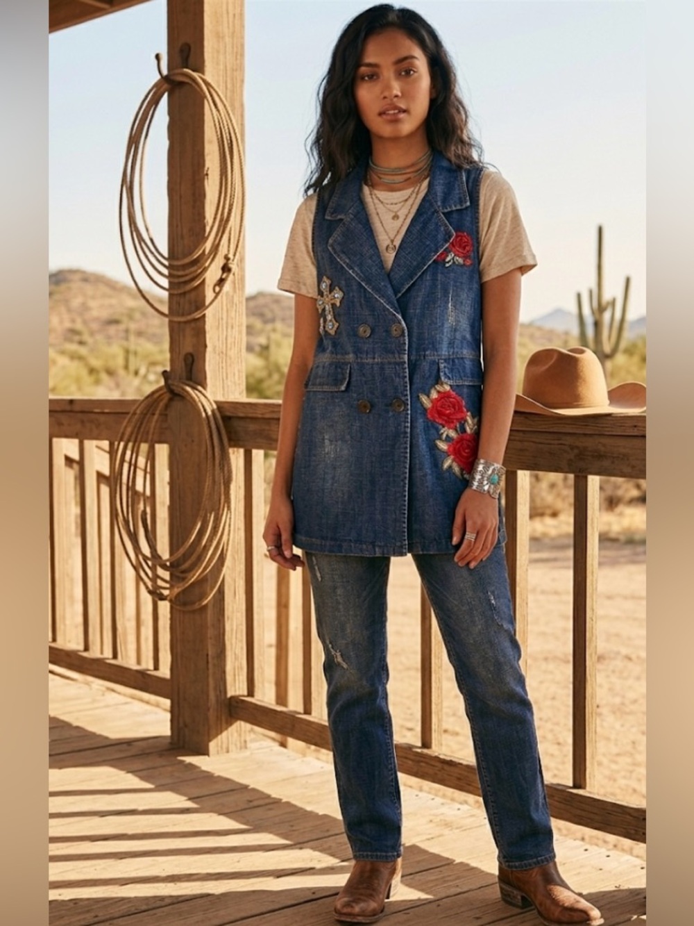 Vintage 90’s Gao Jie Stockyards Fort Worth TX Denim Vest Rhinestone Cross Large